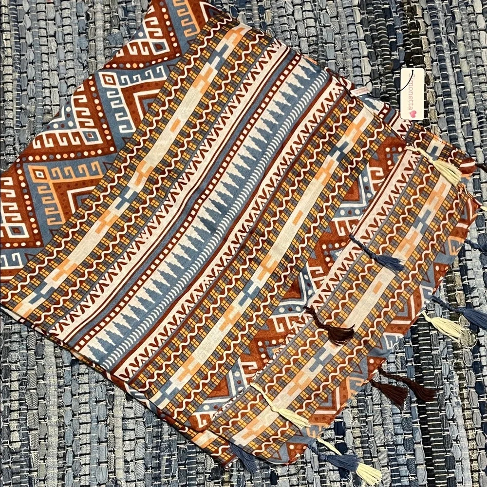 Simonetta Aztec-Inspired Blue and Brown Scarf/Wrap